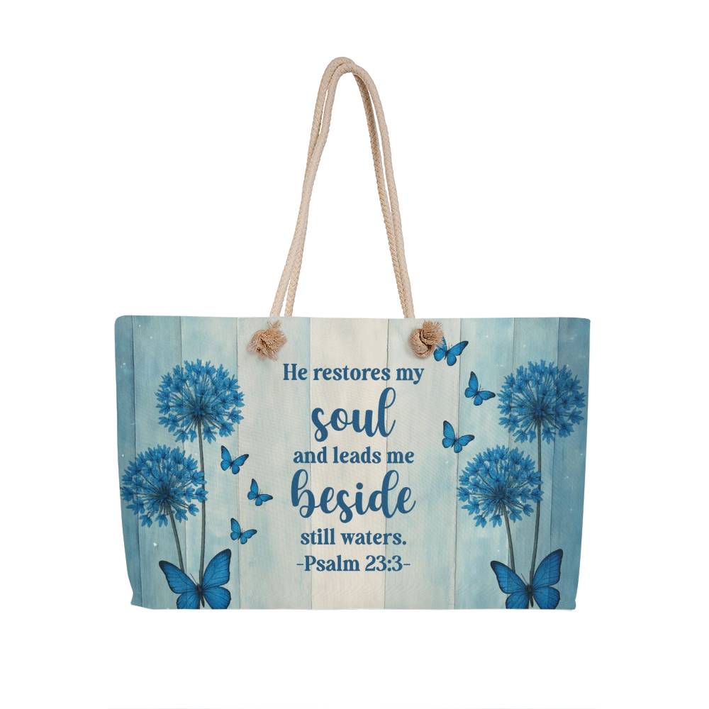 Blue Faith Weekender Tote – Psalm 23:3 Christian Bag