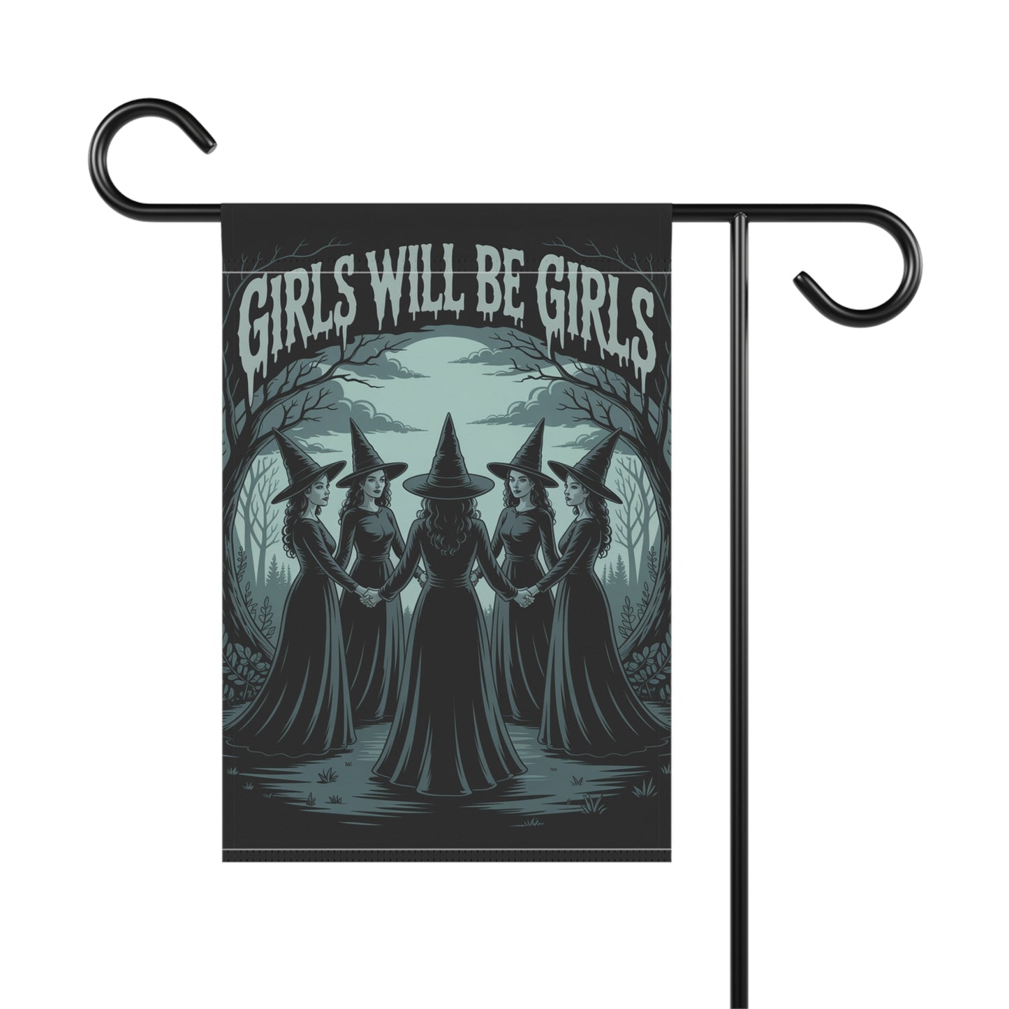 Girls Will Be Girls Garden Flag – Gothic Witch Coven Outdoor Halloween Décor – Feminist Spooky Yard Flag
