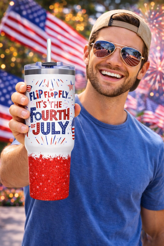 Flip Flop Fly It's the Fourth of July" Tumbler – 4th of July 40oz Tumbler | America 250 Independence Day Gift | Patriotic Glitter Tumbler | Red White & Blue Drinkware