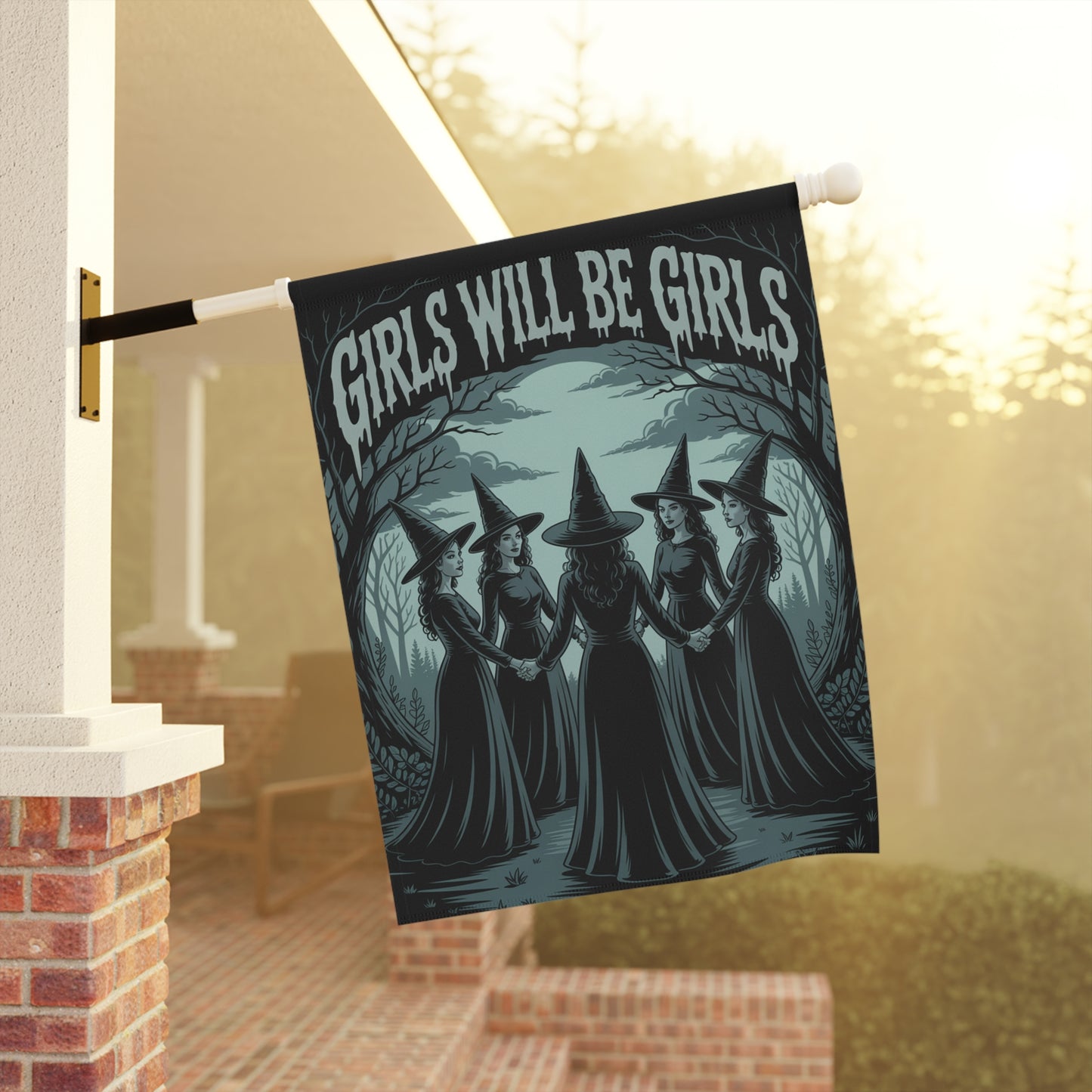 Girls Will Be Girls Garden Flag – Gothic Witch Coven Outdoor Halloween Décor – Feminist Spooky Yard Flag
