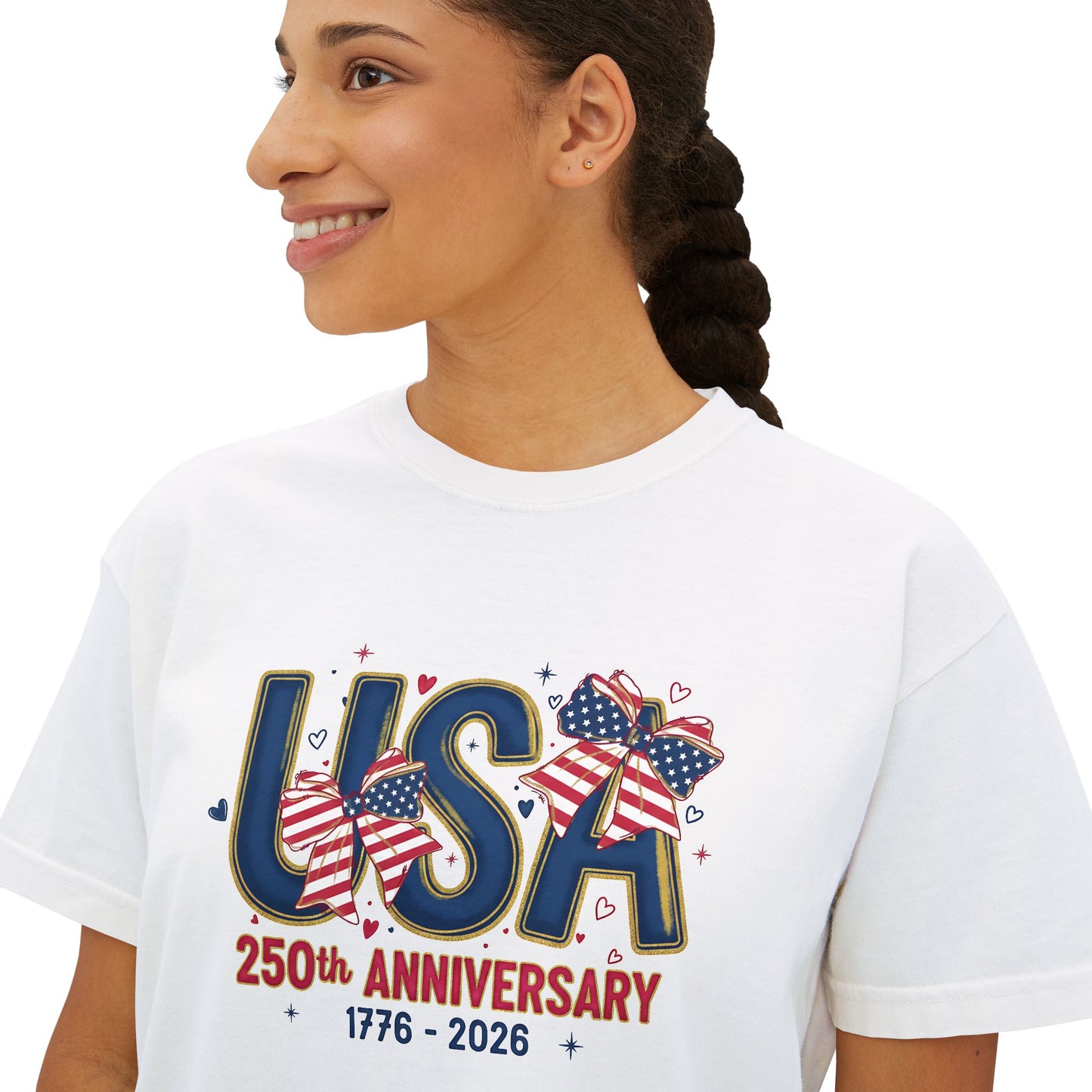 USA 250th Anniversary Women's Boxy Tee โ Coquette Patriotic Crop Top | 4th of July Shirt for Women | America 250 T-Shirt | 1776-2026 Independence Day Outfit