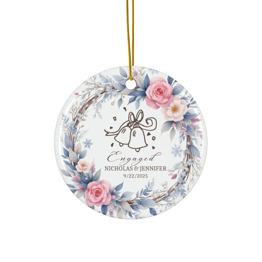 Personalized Engagement Ornament, Custom Names & Date, Wedding Bells Wreath Christmas Keepsake