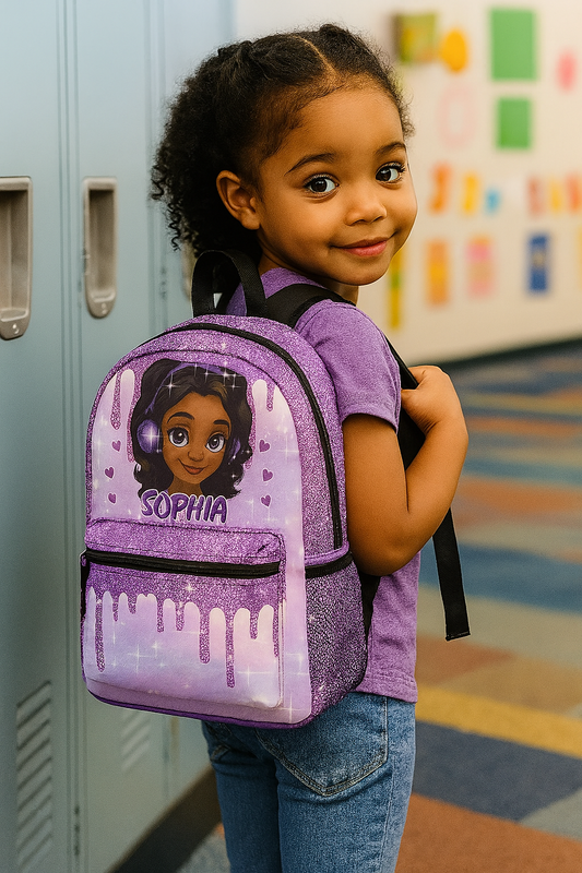 Custom Girl Backpack – Choose Character & Add Name | Glitter Drip Design