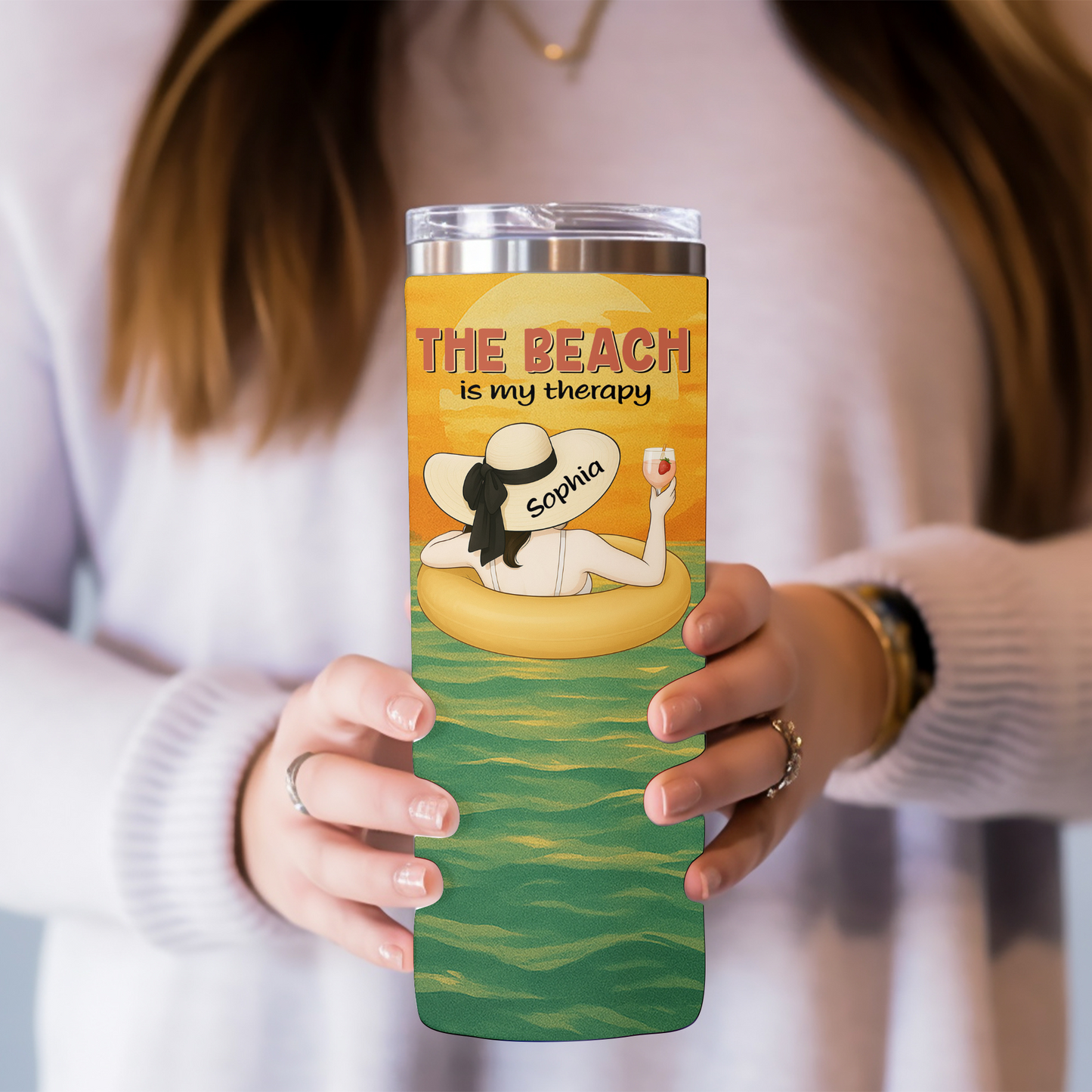 Personalized Beach Therapy 20oz Skinny Tumbler – Custom Name !