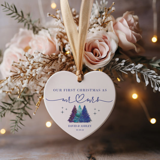Personalized Our First Christmas as Mr & Mrs Ornament – Custom Heart-Shaped Newlywed Keepsake