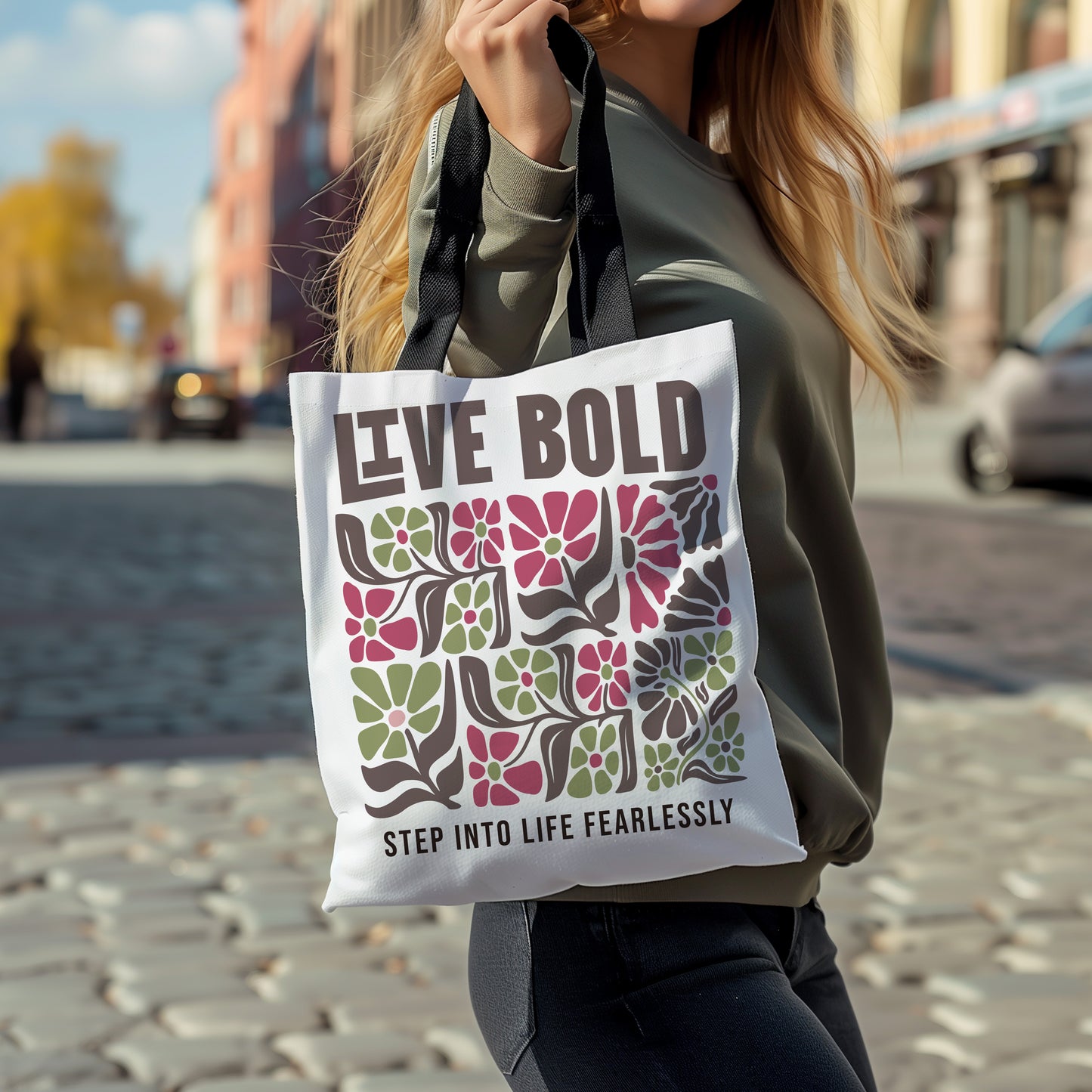 Live Bold Floral Tote Bag – “Step Into Life Fearlessly” Inspirational Eco Tote Bag