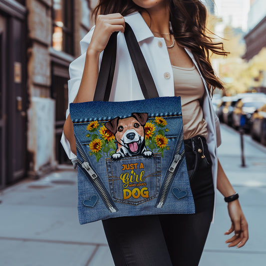 Just a Girl Who Loves Dogs" Tote Bag – Choose Your Dog Breed | Dog Mom Gift | Sunflower Denim Dog Tote | Gift for Dog Lover | Dog Breed Tote Bag