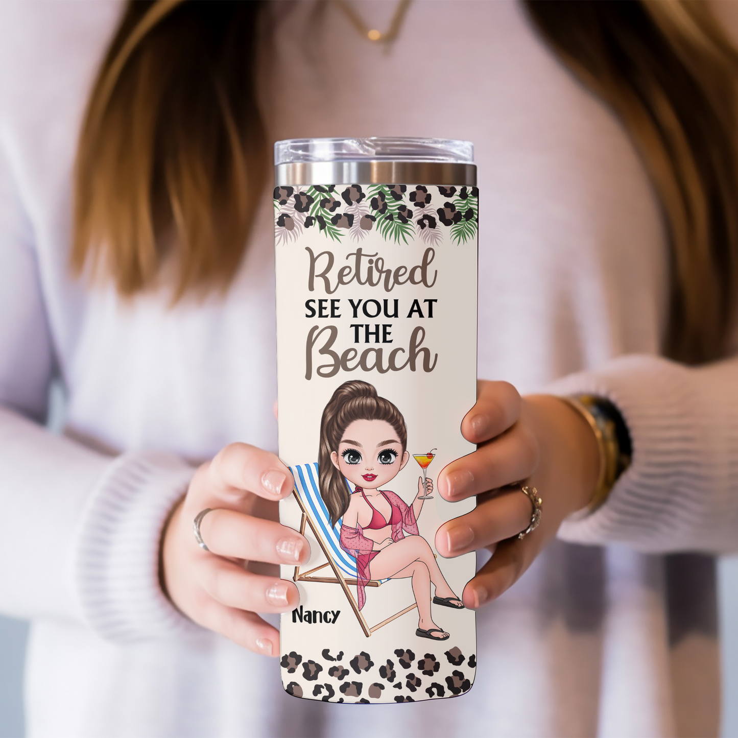 Personalized "Retired See You at the Beach" 20oz Skinny Tumbler with Custom Character – Fun Retirement Gift for Women !