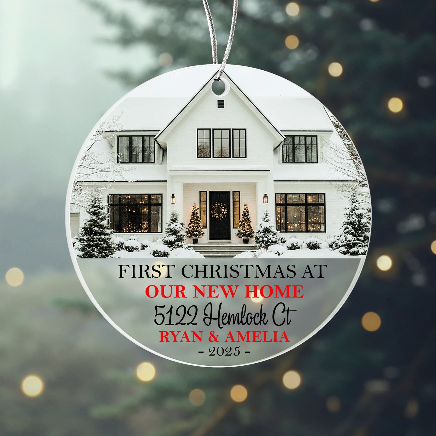 First Christmas at Our New Home Ornament 2025 – Personalized Acrylic Circle Ornament with Photo, Address & Names, Custom Housewarming Christmas Gift