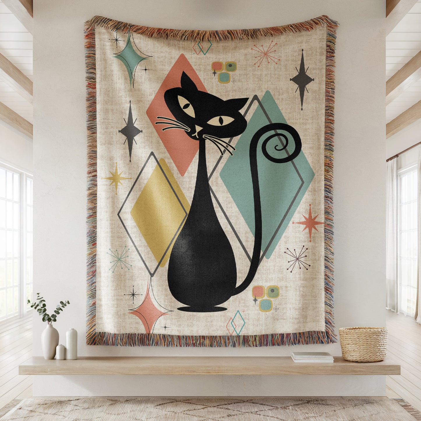 Retro Mid-Century Cat Printed Woven Blanket 1950s Style Throw