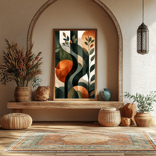 Botanical Geometric Wall Art – Abstract Nature Print with Earthy Tones and Modern Design