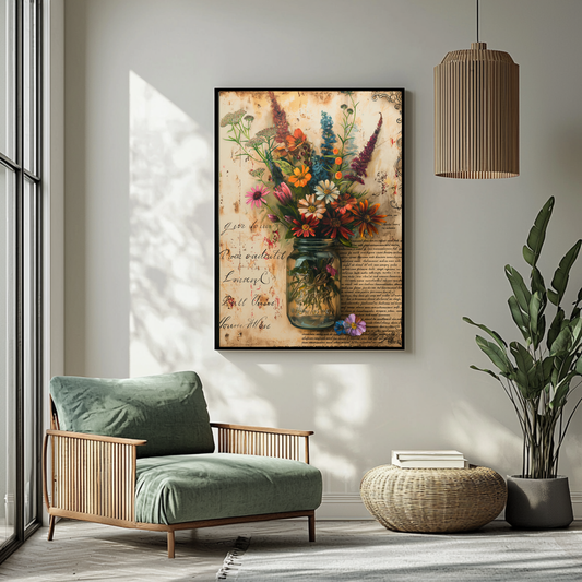 Vintage Floral Wall Art – Rustic Mason Jar Print, Vintage Botanical Wall Art Decor
