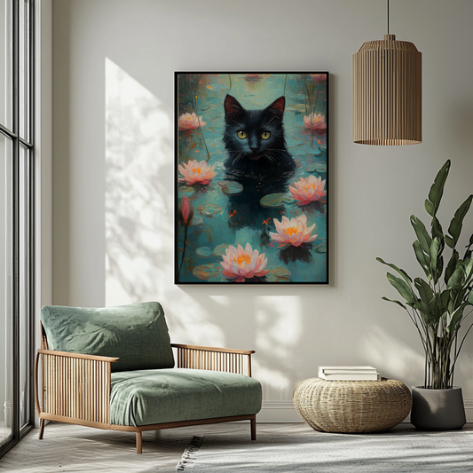 Black Cat Wall Art – Black Cat in Lotus Pond, Dreamy Impressionist Nature Wall Art