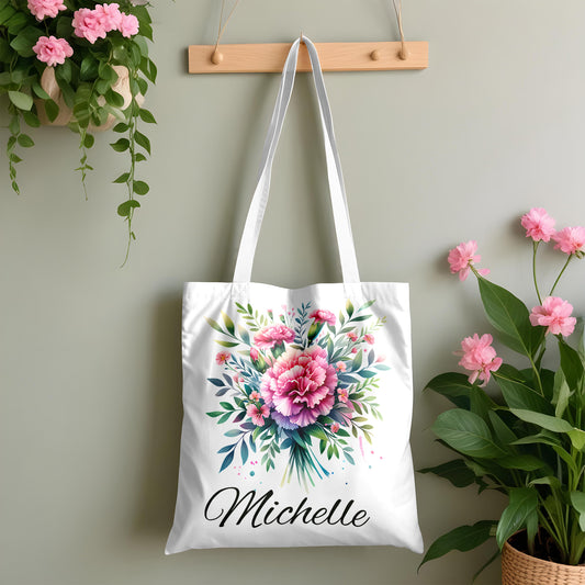 Personalized Birth Month Flower Tote – Custom Name Floral Bag Gift