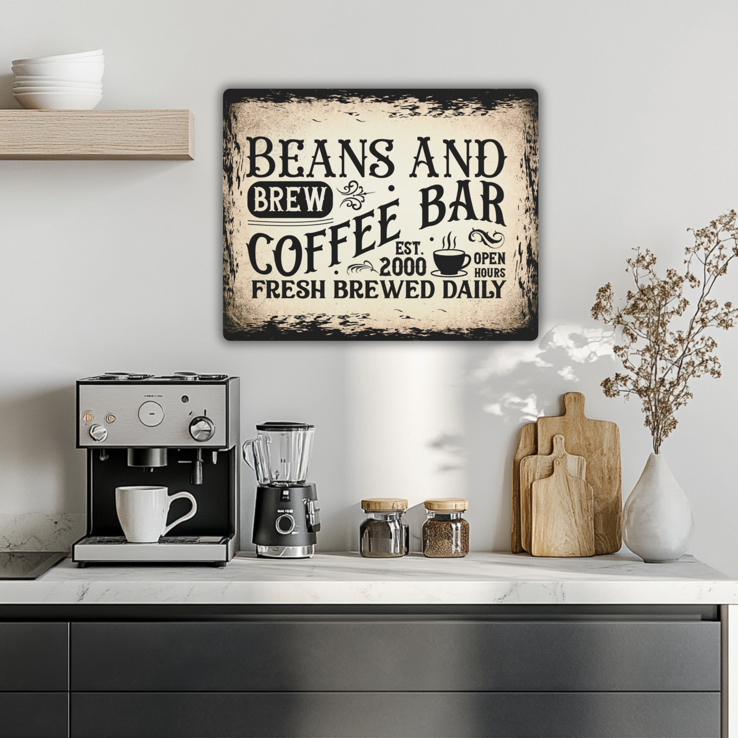 Vintage Coffee Bar Metal Sign Beans and Brew Wall Art