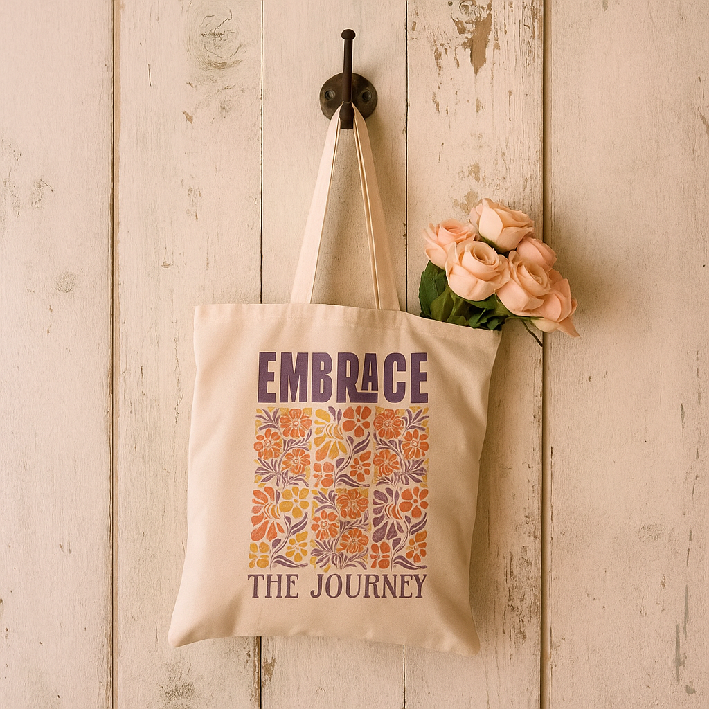 Embrace the Journey – Inspirational Cotton Canvas Tote Bag with Floral Art