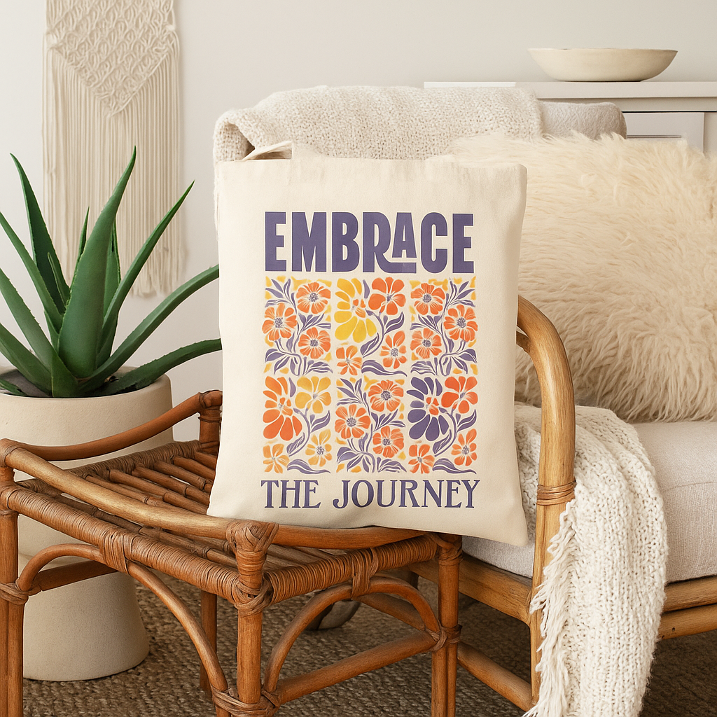 Embrace the Journey – Inspirational Cotton Canvas Tote Bag with Floral Art
