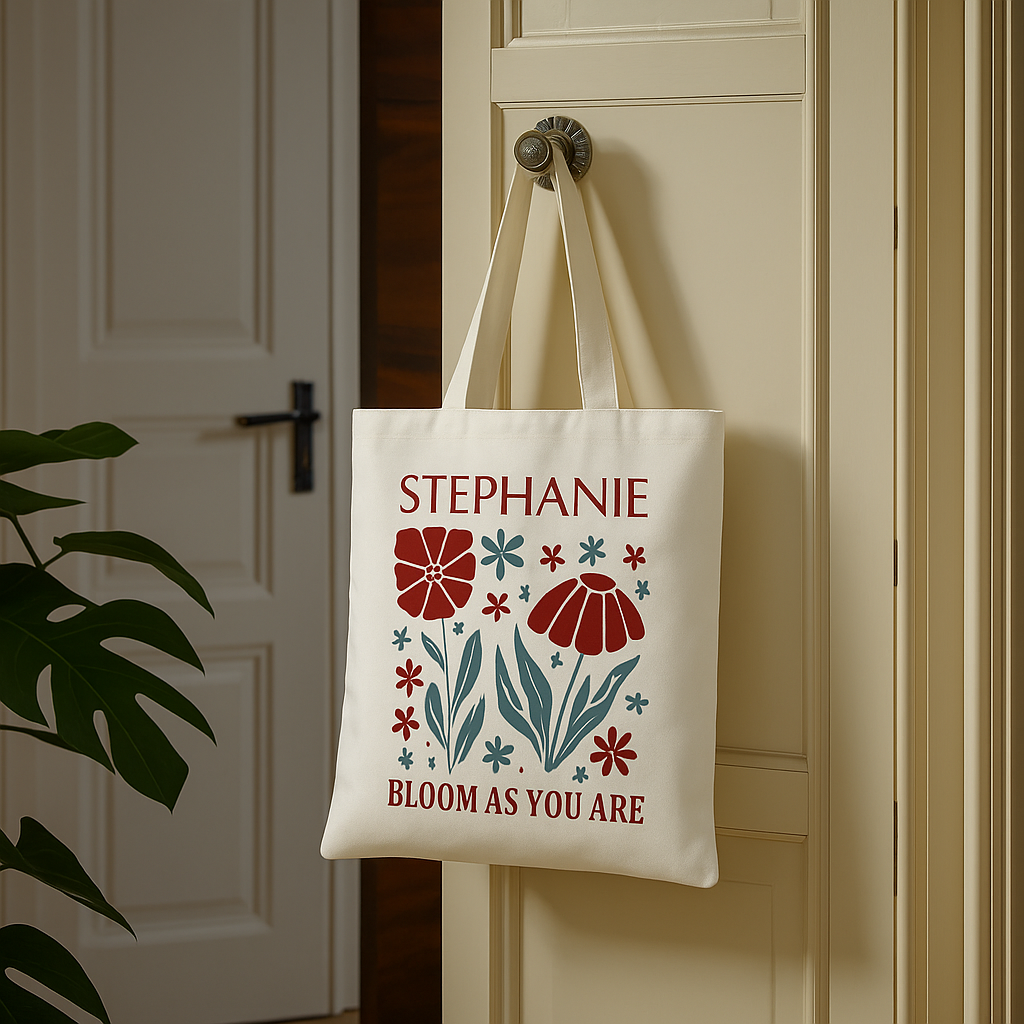 Personalized "Bloom As You Are" Tote Bag – Custom Name Floral Canvas Bag for Women