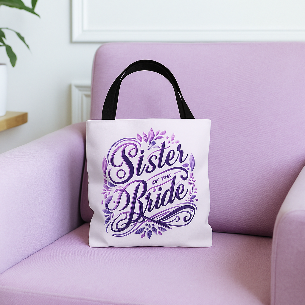Sister of the Bride Tote Bag – Wedding Party Gift, Bridal Shower Accessory, Purple Floral Design