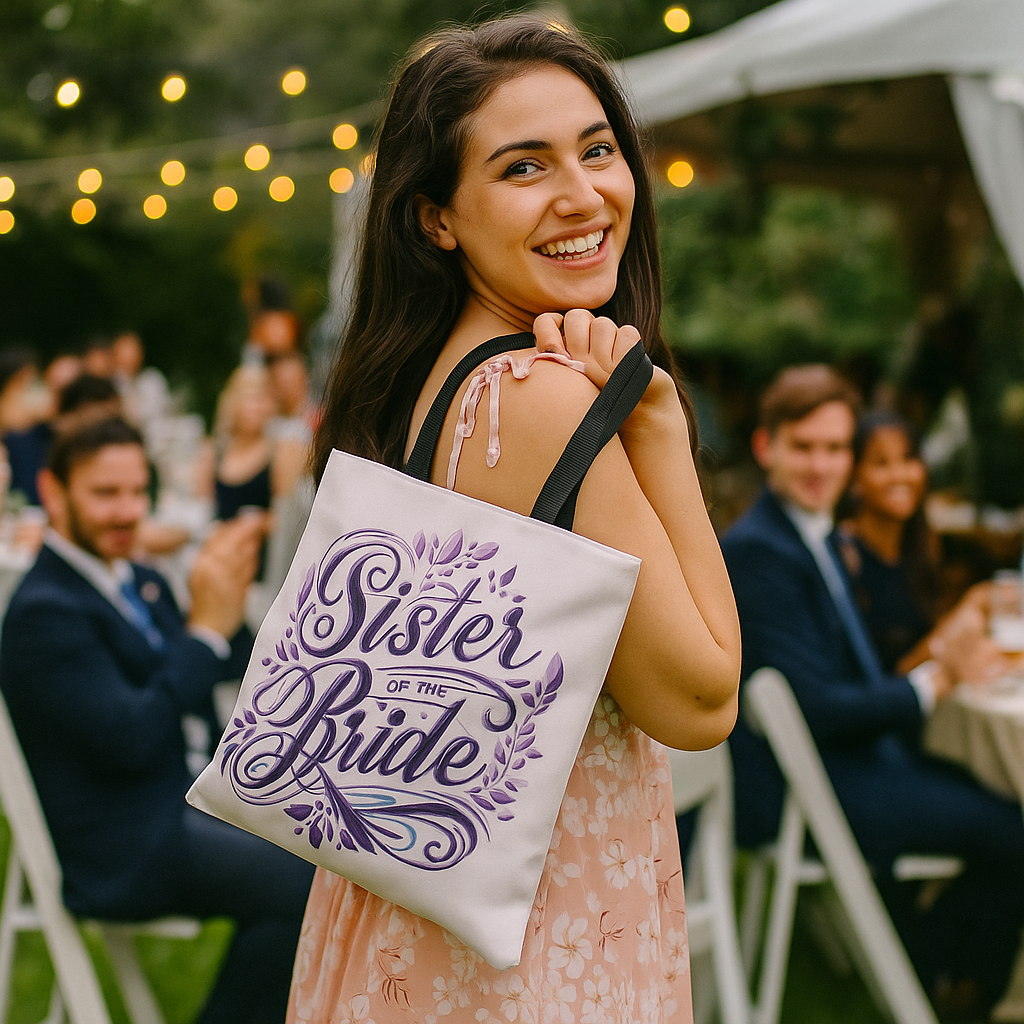Sister of the Bride Tote Bag – Wedding Party Gift, Bridal Shower Accessory, Purple Floral Design