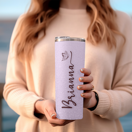 Personalized Skinny 20oz Tumbler – Custom Name Pink Glitter Butterfly Cup with Straw