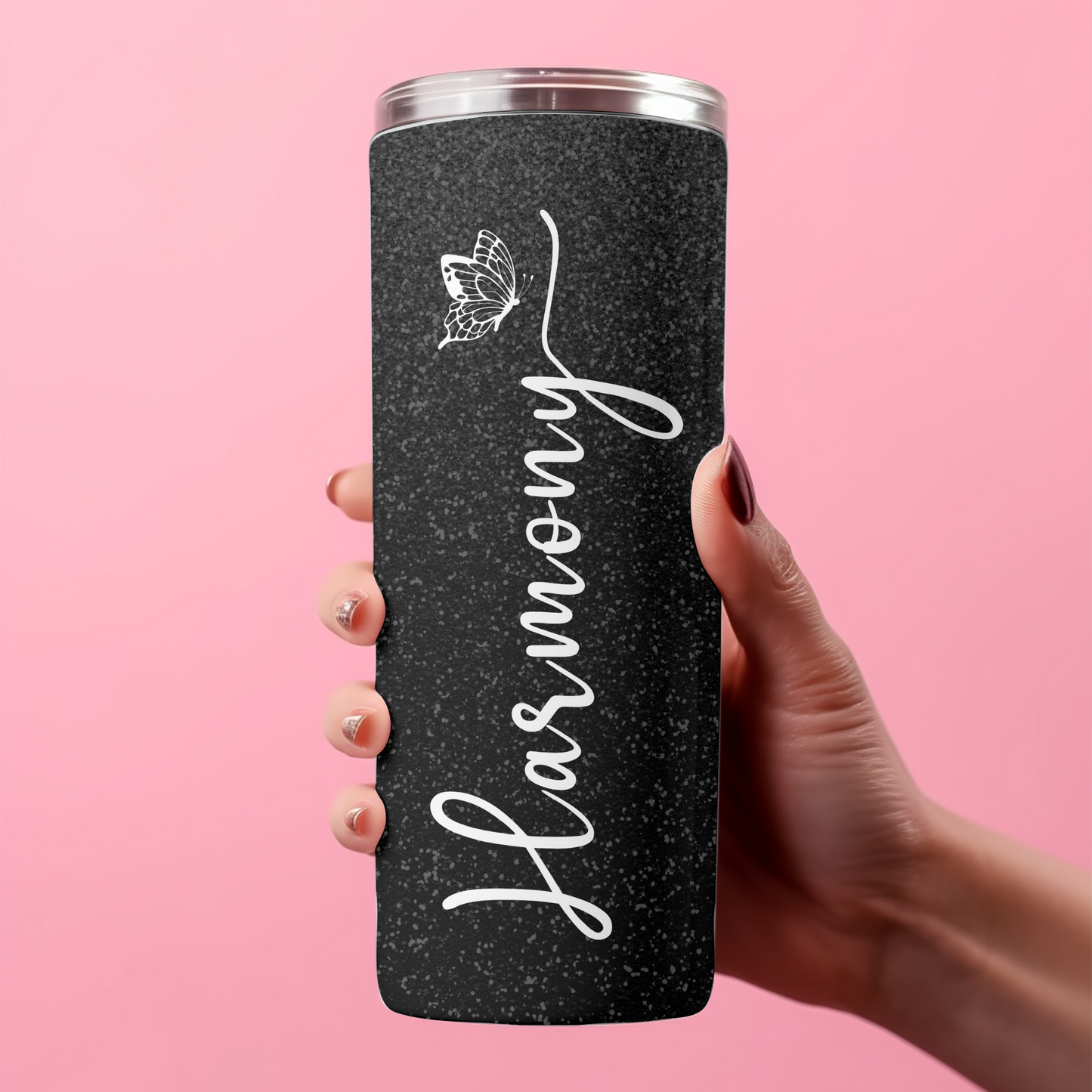 Personalized Skinny 20oz Tumbler – Custom Name Pink Glitter Butterfly Cup with Straw