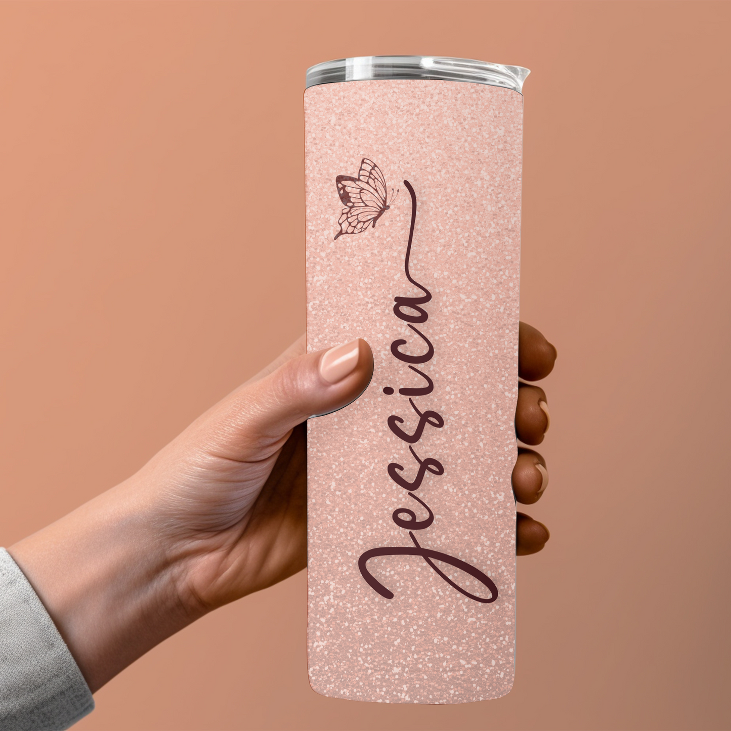 Personalized Skinny 20oz Tumbler – Custom Name Pink Glitter Butterfly Cup with Straw