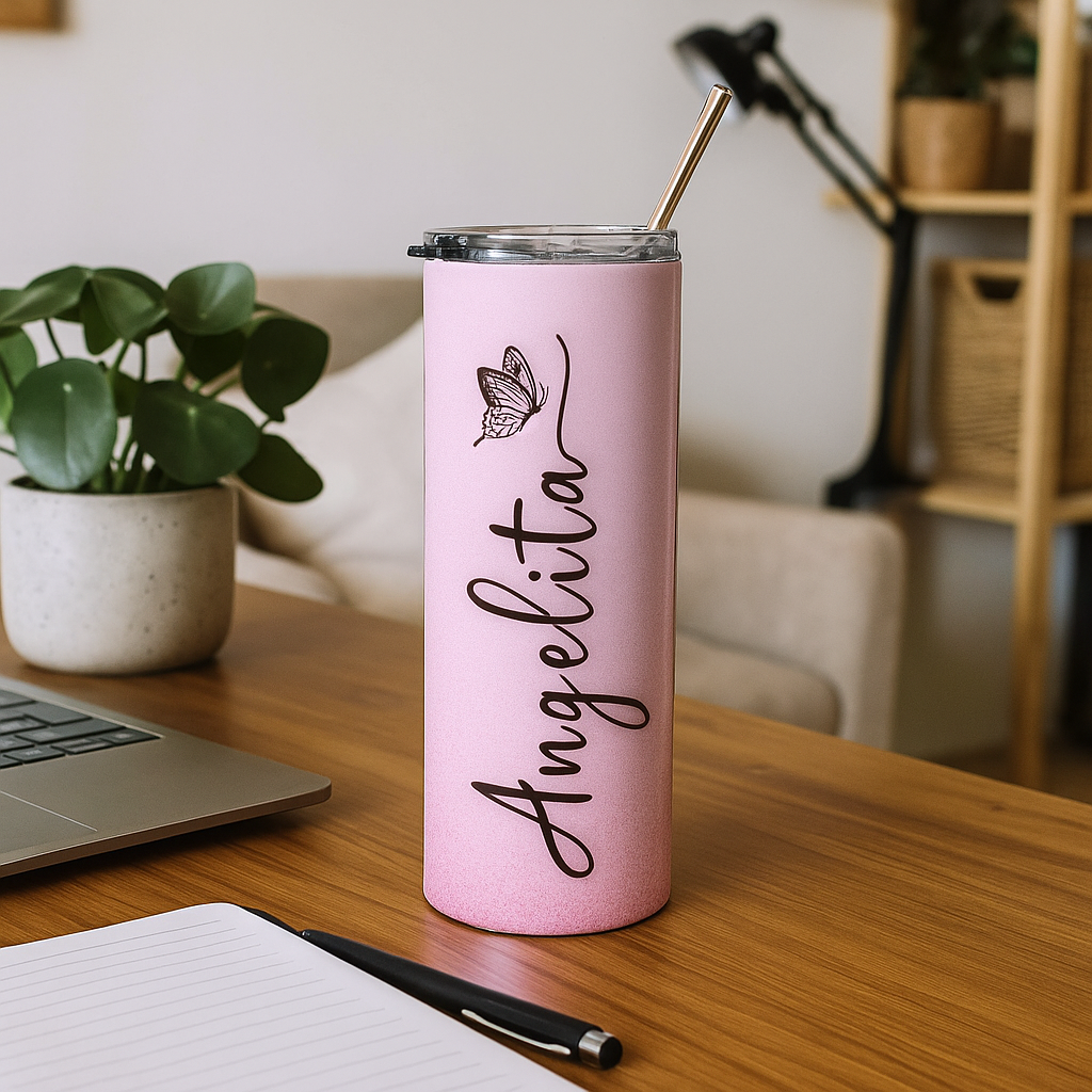 Personalized Skinny 20oz Tumbler – Custom Name Pink Glitter Butterfly Cup with Straw