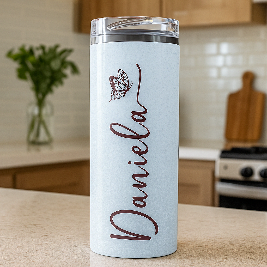 Personalized Skinny 20oz Tumbler – Custom Name Pink Glitter Butterfly Cup with Straw