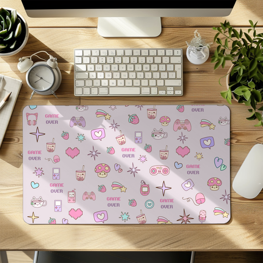 Kawaii Gamer Desk Mat – Cute Gaming Mouse Pad for Girls | "Game Over" Pastel Desk Accessory