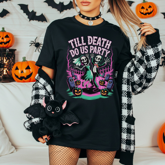 Till Death Do Us Party Skeleton Halloween Shirt – Funny Couples Tee