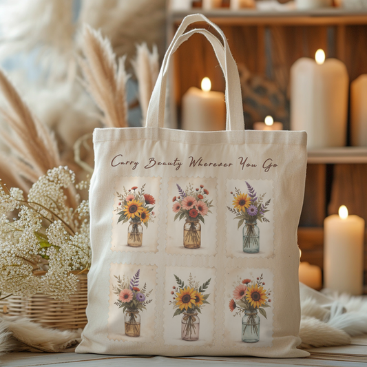Carry Beauty Wherever You Go Floral Tote Bag – Vintage Mason Jar Flower Design, Reusable Canvas Shopper