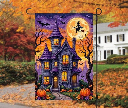 Halloween Garden Flag – Haunted House with Pumpkins, Witch & Full Moon – Spooky Outdoor Yard Decoration