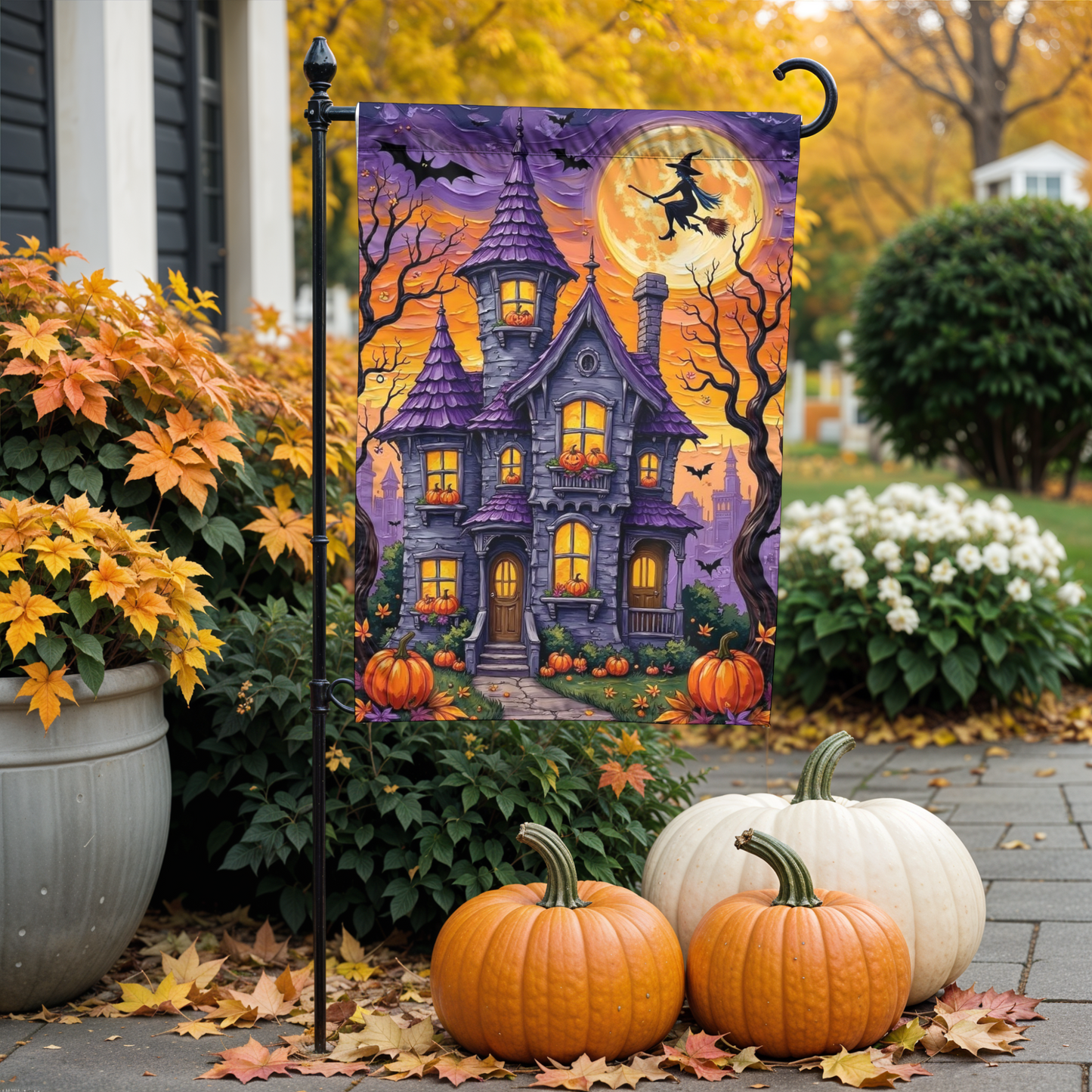 Halloween Garden Flag β Haunted House with Pumpkins, Witch & Full Moon β Spooky Outdoor Yard Decoration