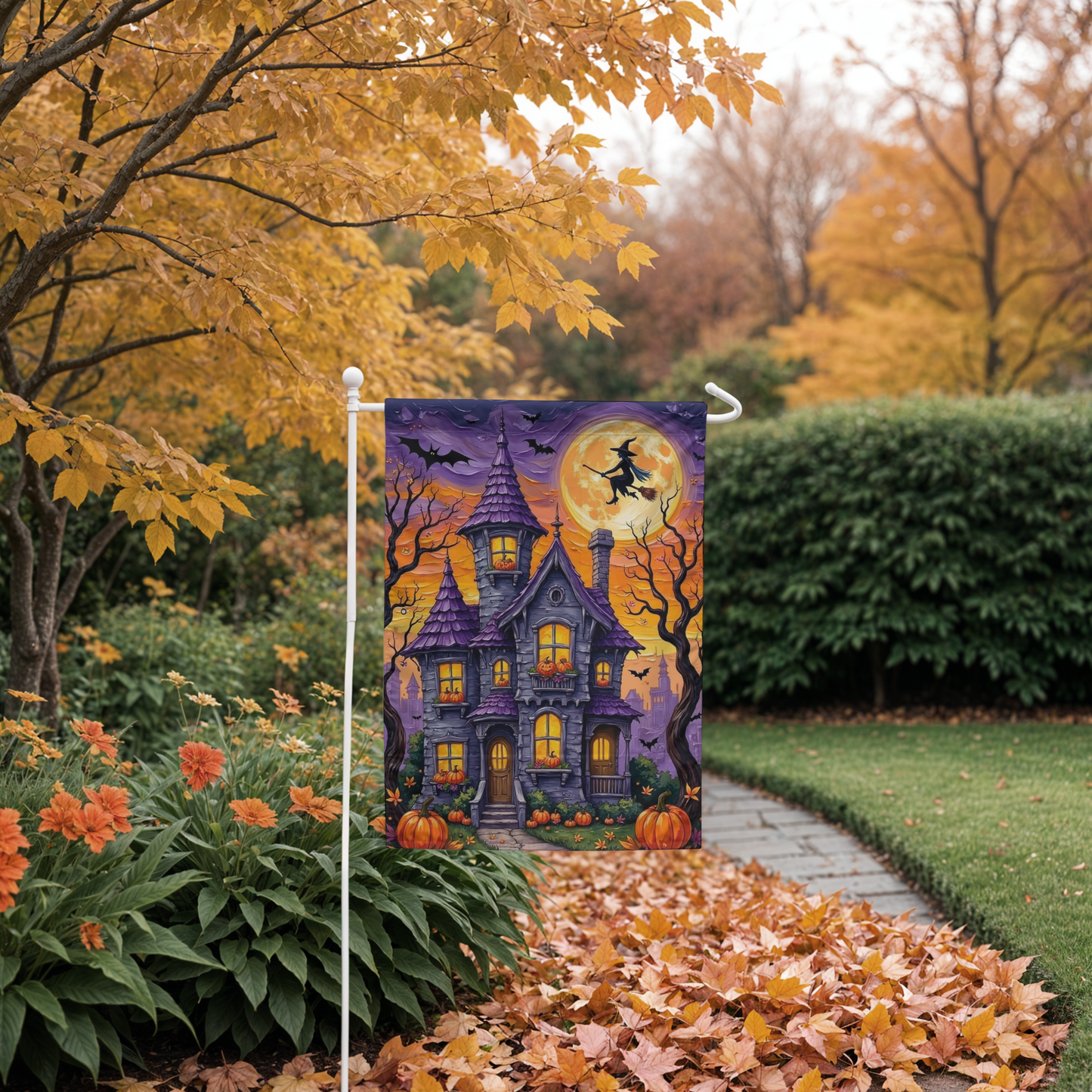 Halloween Garden Flag β Haunted House with Pumpkins, Witch & Full Moon β Spooky Outdoor Yard Decoration