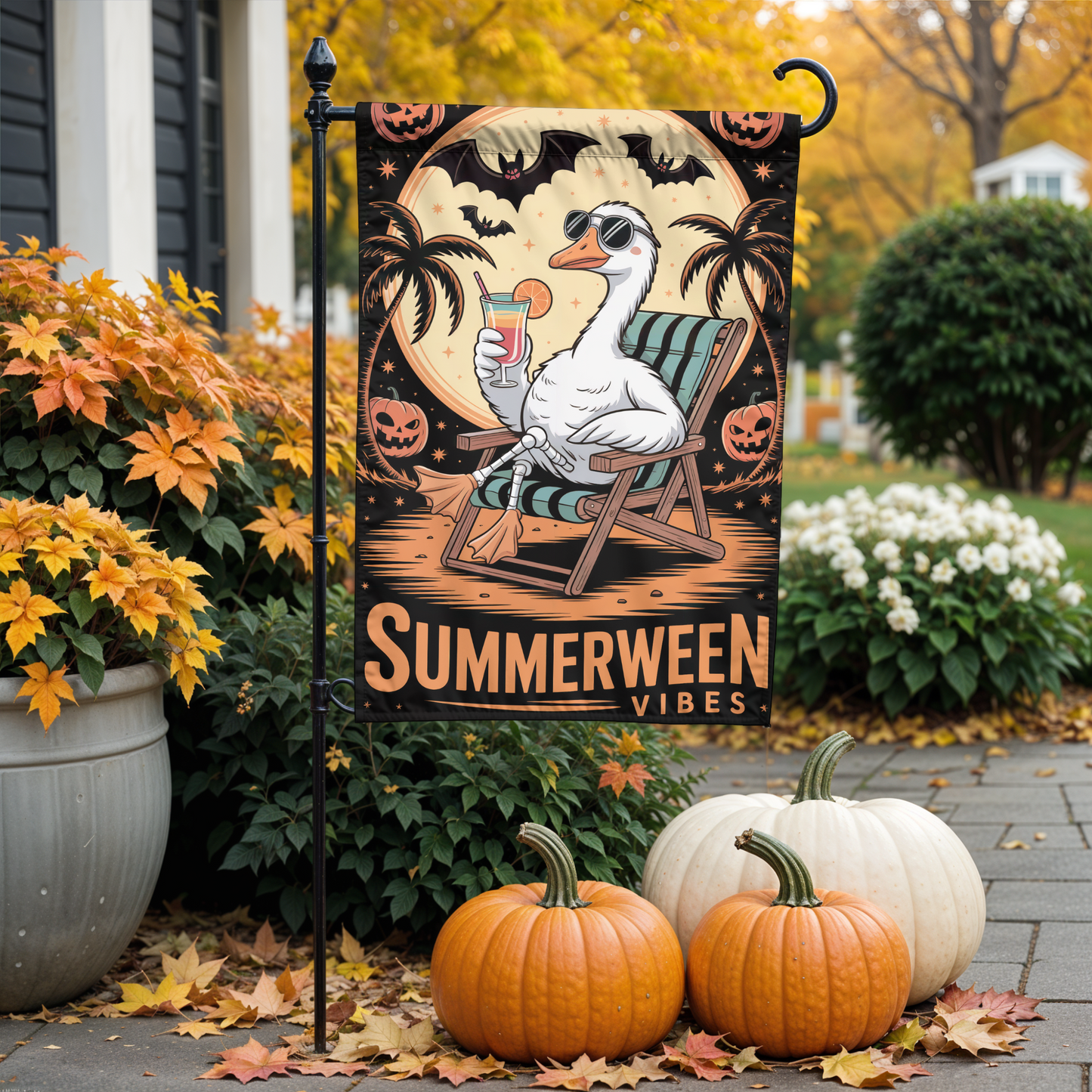 Summerween Vibes Garden Flag – Tropical Halloween Outdoor Décor with Goose, Bats & Pumpkins – Funny Seasonal Yard Flag