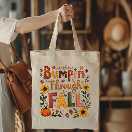 Bumpin Through Fall Tote Bag – Cute Pregnancy Announcement Autumn Pumpkin Tote – Fall Maternity Baby Shower Gift