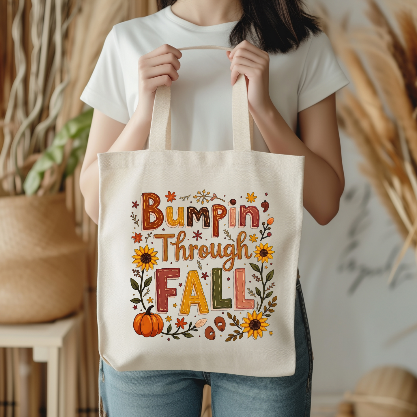 Bumpin Through Fall Tote Bag – Cute Pregnancy Announcement Autumn Pumpkin Tote – Fall Maternity Baby Shower Gift