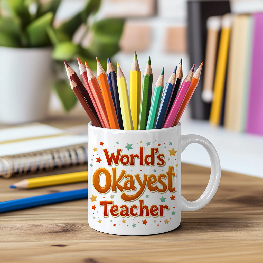 World’s Okayest Teacher Mug – Funny Teacher Appreciation Coffee Cup Gift for End of Year, Christmas, or Back to School