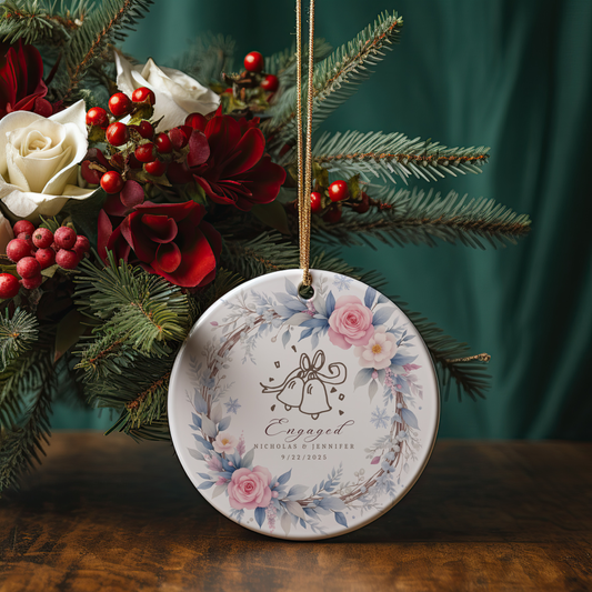 Personalized Engagement Ornament, Custom Names & Date, Wedding Bells Wreath Christmas Keepsake for Engaged Couples