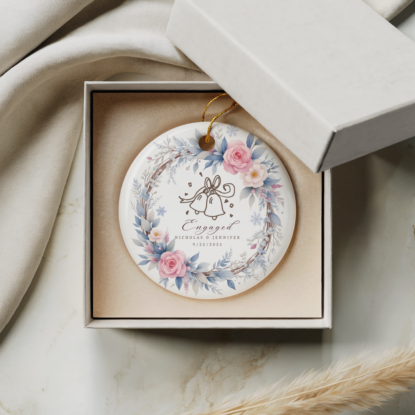 Personalized Engagement Ornament, Custom Names & Date, Wedding Bells Wreath Christmas Keepsake