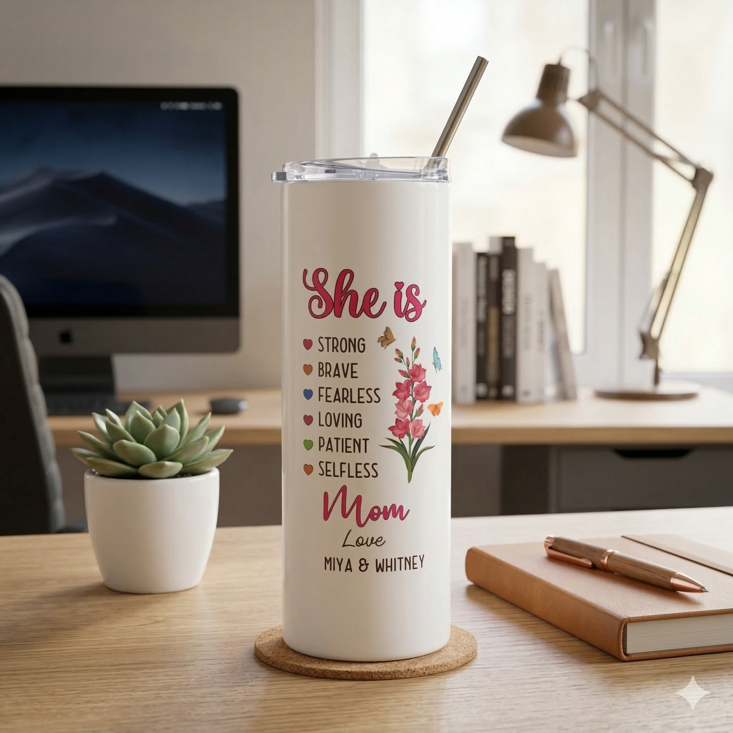 She Is" Personalized Mom Tumbler – Custom Kids Names | Mother's Day Gift from Daughter & Son | Strong Brave Fearless Loving | 20oz Skinny Tumbler with Straw
