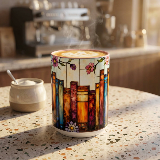 Floral Stained Glass Bookshelf Accent Coffee Mug (11/15oz)