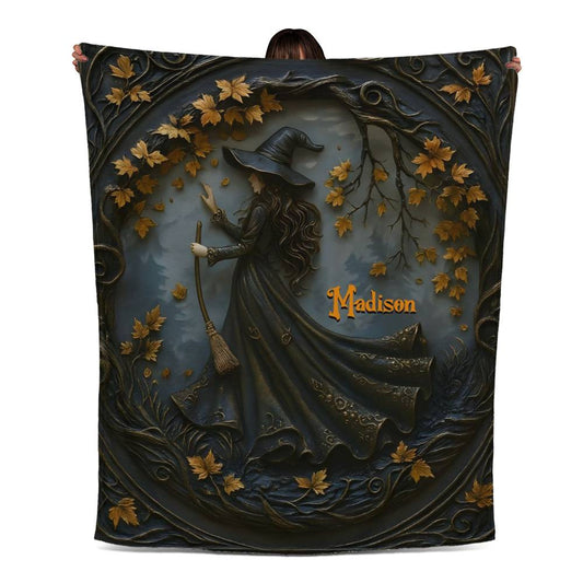 Personalized Autumn Halloween Witch Jersey Fleece Blanket – Custom Name