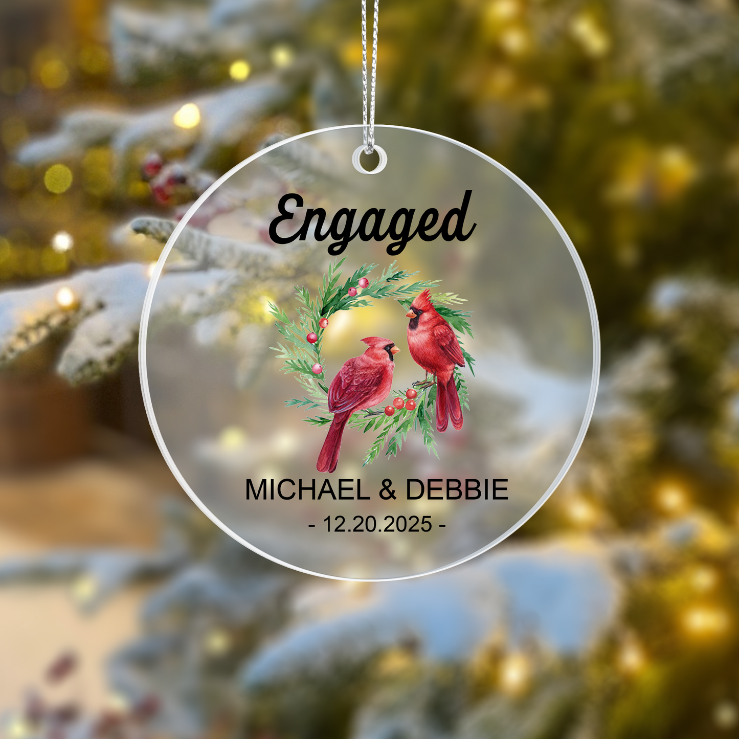 Engaged Personalized Acrylic Ornament 2025 – Custom Couple Ornament with Cardinals, Engagement Gift Keepsake for Couples