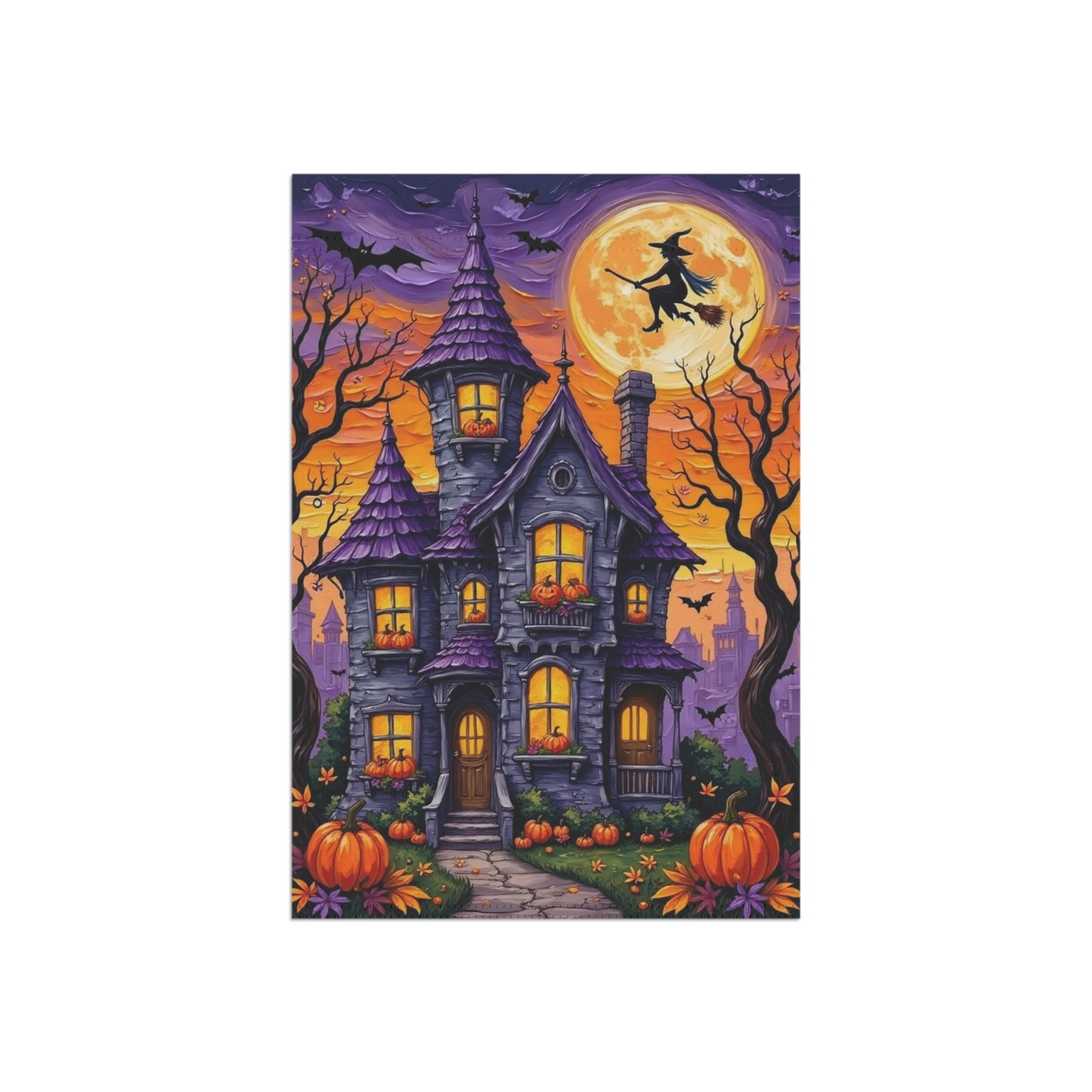Halloween Garden Flag β Haunted House with Pumpkins, Witch & Full Moon β Spooky Outdoor Yard Decoration