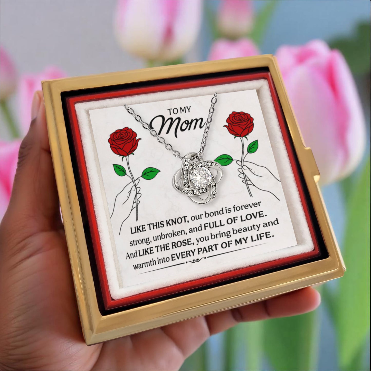Love Knot Necklace for Mom with Rotating Rose Gift Box – Heartfelt Mother’s Day or Birthday Gift