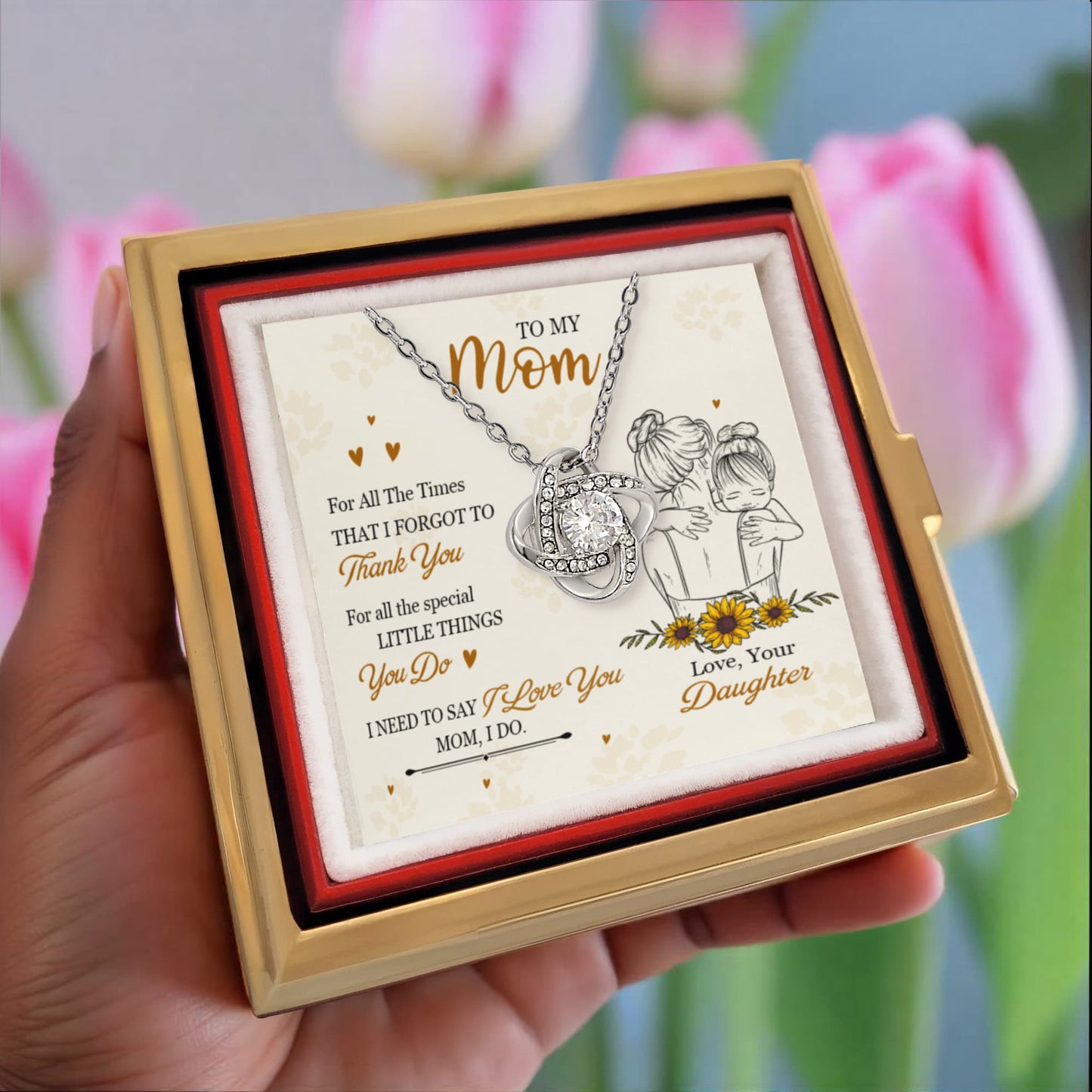 Love Knot Necklace for Mom from Daughter – Sentimental Jewelry Gift with Rotating Rose Keepsake Box