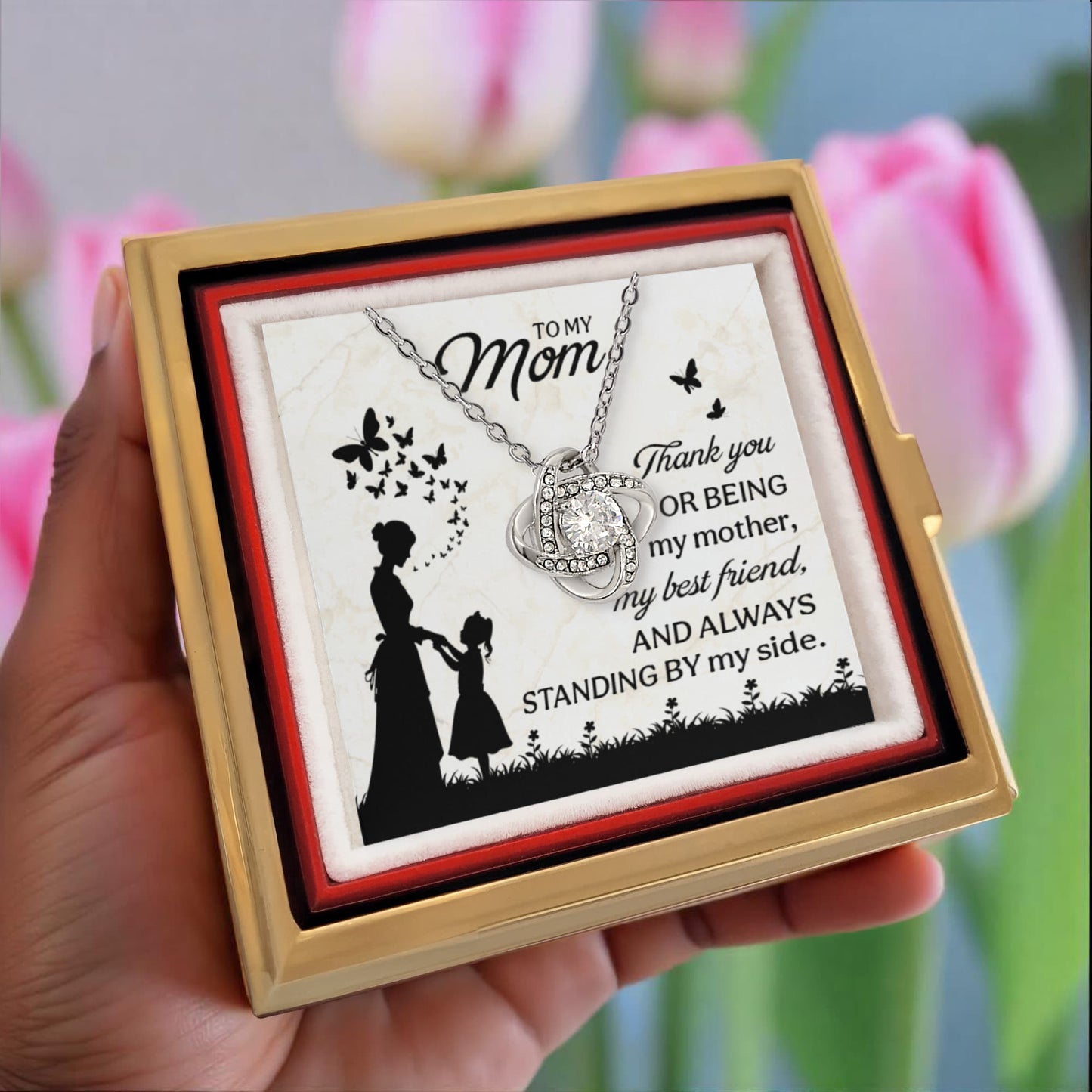 To My Mom” Love Knot Necklace with Message Card – Rotating Rose Gift Box Edition