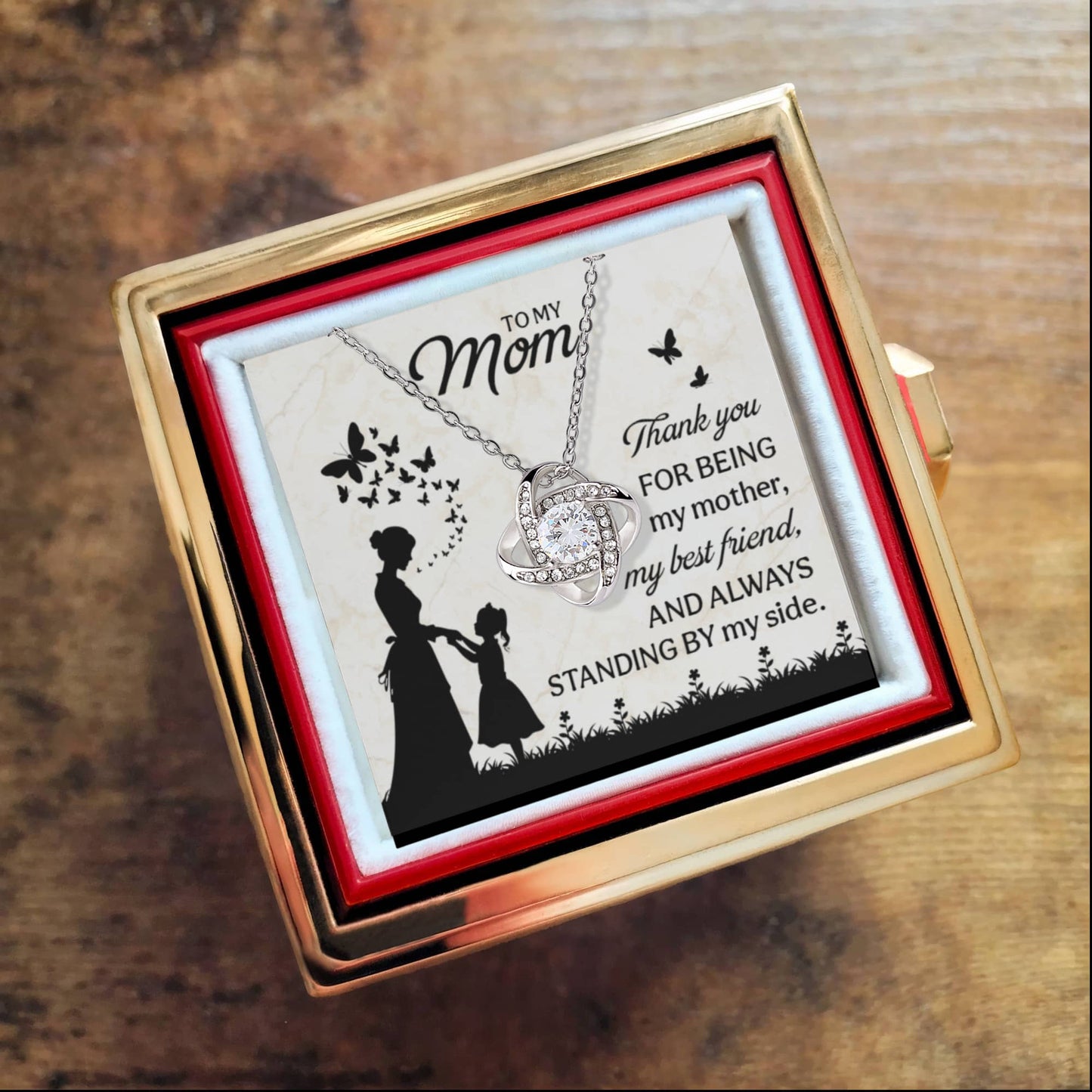 To My Mom” Love Knot Necklace with Message Card – Rotating Rose Gift Box Edition